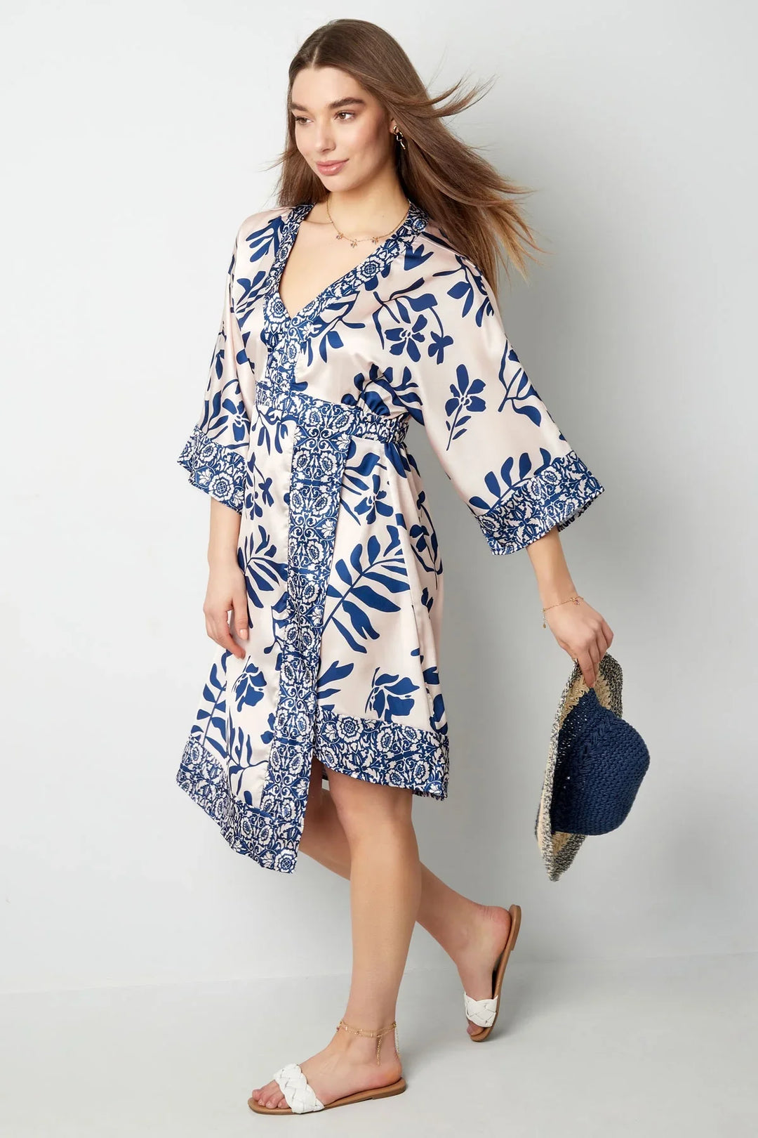 Midi-jurk met fleurige print - blauw - | SIERADENBABE