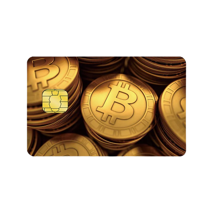 Verbeter uw digitale betaalervaring door uw creditcard of bankpas te personaliseren met de Bitcoins Betaalpas-sticker van By Rachella, met daarop een stapel gouden munten met het Bitcoin-symbool.